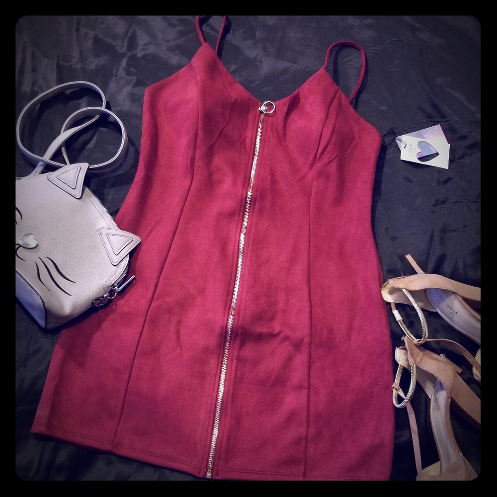 Burgundy suede zipper dress
